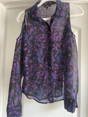Nollie Sheer Cold Shoulder Blouse Black Purple Blue Button Up Front Small